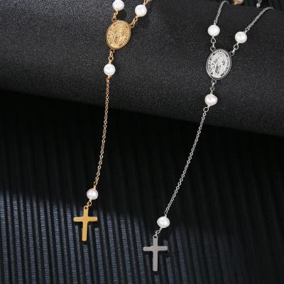 China CLASSIC Jewelry 18K Freshwater Pearl Stainless Steel Gold Plated Long Necklace For Women Coin Cross Necklace Low MOQ High Quality for sale