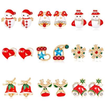 China High Quality 2021 Shape Alloy Rhinestone Creative Earrings For Christmas Earring Tiny Stud Minimalist Snowflake And Snowman Shape As Gift for sale