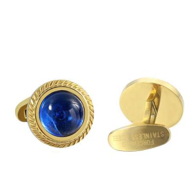 China Stainless steel bule gemstone chipped edge casting 316L stainless steel gold plating serrated cufflinks for sale