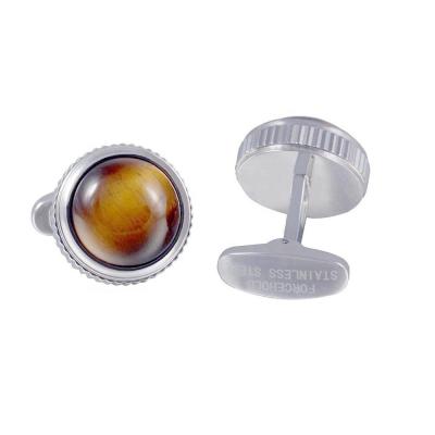 China Stainless Steel Yellow Natural Gemstone High Tower Crested Edge Stainless Steel Plating 316L Cufflinks For Unisex for sale