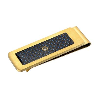 China High Quality Blue With Black Carbon Fiber Drill Crystal Stainless Steel Golden Money Clip Cashmere Clip for sale