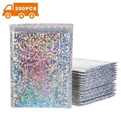 China Custom Printed Champagne Holographic Bubble Mailers Envelope Air Padded Shipping Bags For Jewelry for sale