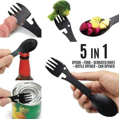 China Multi Function Portable Camping Spoon /Steak Knife Picnic Spoon Fork/Fork/Opener Multi Outdoor 5 in 1 Tool Box Opener for sale