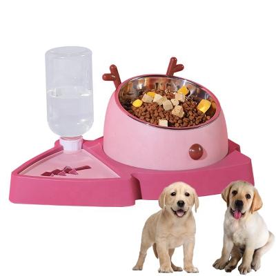 China Automatic Slow Feeder Pet Dog Cat Water Bowl Double Pet Food Bowl With One Automatic Water Bottle for sale