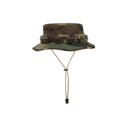 China COMMON OEM Customize Woven Label Bucket Army Fishing Fitted Hat Wide Brim Camouflage Foldable Bucket Hat With Rope for sale