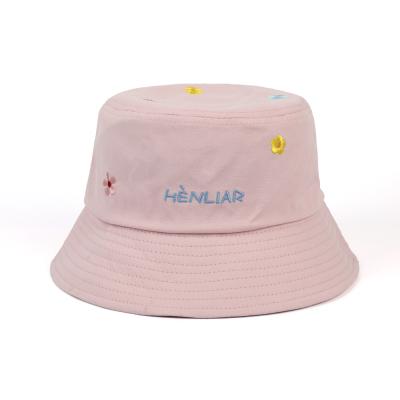 China OEM China Manufacturer High Quality Women Cotton Wide Brim Sun Hat Pink Bucket Comfortable Beautiful Embroidered Flower Fishing Hat for sale