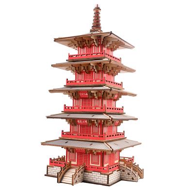 China Eco-friendly Chinese Wooden Temple Puzzle Hanshan Building Laser Cut Intellectual Education Toy for sale