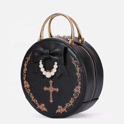 China Durable And Superior Special Black Lolita Round Embroider Women Lady Handbag Faux Leather Tote Bag With Bow Bag for sale