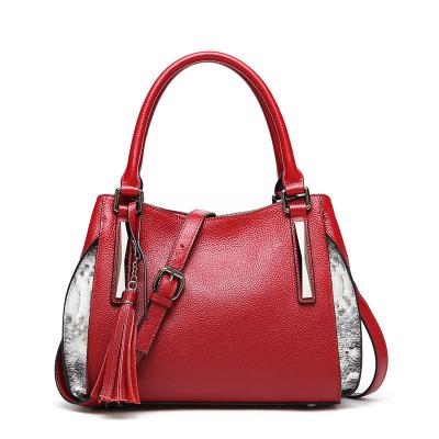 China Luxury Handmade Leather Bag Ladies Red Color Water Resistant Tote Genuine Leather Handbags Cowhide Handbags for sale