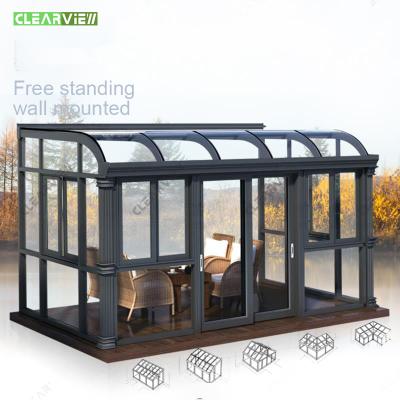 China CLEARVIEW Sustainable Aluminum Frame Veranda Arc Roof Tempered Insulated Glass Four Season Low-E Sunroom For Solarium for sale