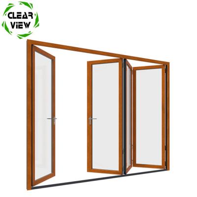 China Clearview Folding Furnishing Powder Coated Aluminum Clad Solid Wood Bi Folding Door for sale