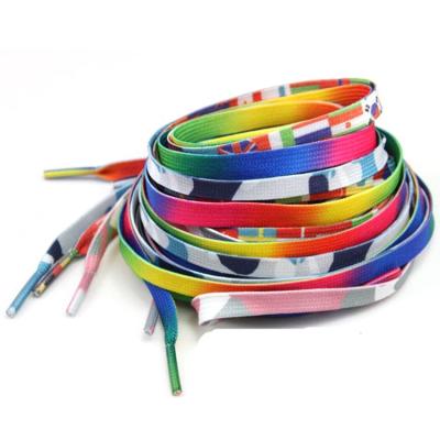 China Flat Colored Sublimation Laces Flat Colored Gradient Stripe Rainbow Stripe Shoe Laces 9mm OEM Fancy Poly Shoe Laces Ribbon Shoe Laces for sale