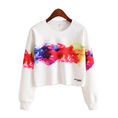 China Sustainable Graphic Stitches Watercolor Long Sleeve Ladies Pullover Short Sweater For Women Crop Tops Sweatshirts Tops for sale