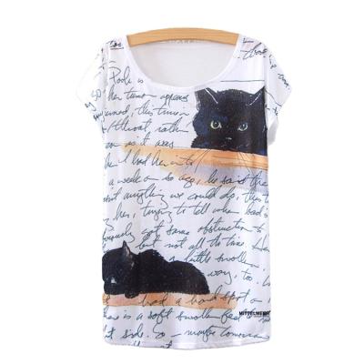 China QUICK DRY Casual O-Neck Sleeve Cat Print Blouse Women's T-shirt Girls T-shirt Short Tee Lady Women Top for sale