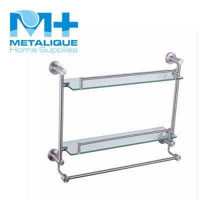 China Brushed Bathroom Bath Partition Hardware Durable Metal 304 Stainless Steel Tier Bathroom 2 Layer Decorative Double Glass Corner Shelves For Shower Caddy for sale