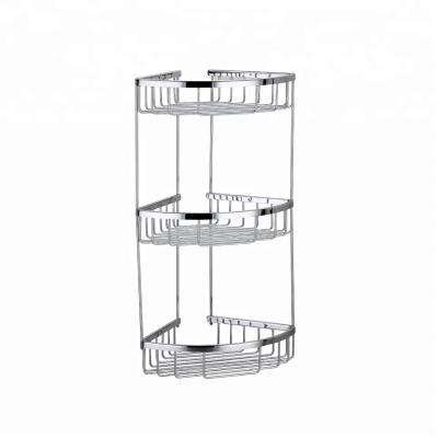 China Metal Metalique 3 Seats Brass Stainless Steel Basket Bracket Triangle Shower Cart Corner Storage Basket With Hook MK-083-CR for sale