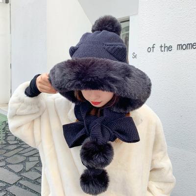 China COMMON new autumn and winter version Korean version rabbit hair plush outdoor thickened warm scarf knitted wool embedded hat for sale