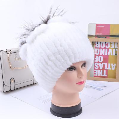 China European COMMON women's winter warm fashion new and American thickened knitted wool hat Rex Rabbit Fur grass hat with flower top hat for sale