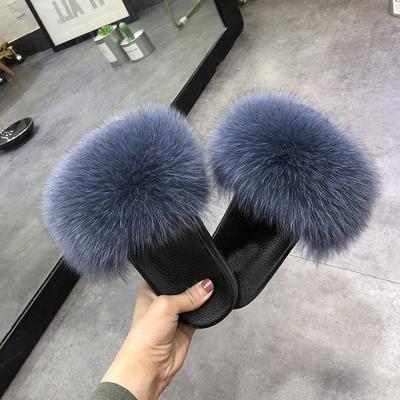 China CUSHIONING custom made black color raccoon and fox fur slides winter indoor slippers for sale