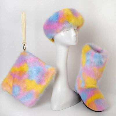 China Massage 2020 new fashion sheer or rainbow fur boots and matching headbands purse set for women for sale