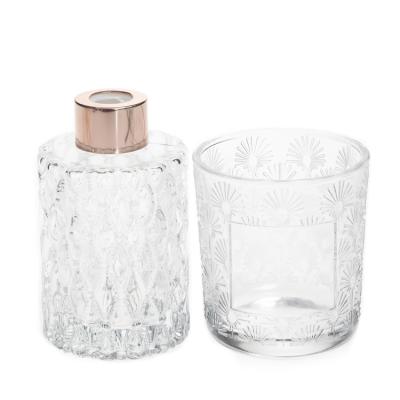 China Fashionable Crystal Fragrance Gift Sets 200ml Engraving Glass Candle Holder 150ml Aroma Reed Diffuser Bottle for sale