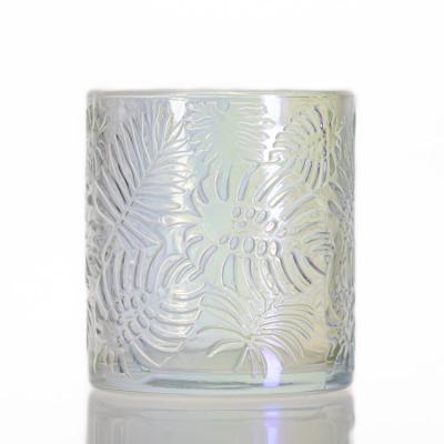 China Trendy Home DecorLeaf Pattern Empty Round Clad Jar Embossed Glass Candle Holder for sale