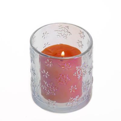 China Fashionable Custom Snowflake Pattern Empty Round Embossed Glass Candle Holder Plated Candle Jar for sale