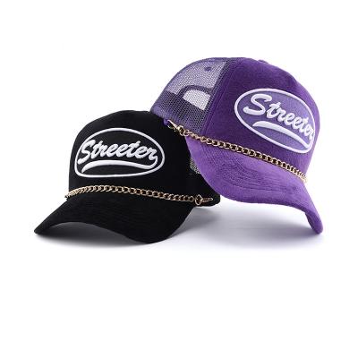 China Custom JOINT JOINT gorras embroidery logo velvet mesh trucker hats purple sports hat custom with chain for sale