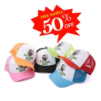 China COMMON 50% OFF 5 Panel Short Brim Customize Foam/Cotton Puff Print Trucker Hats Caps Custom Made For Outdoor for sale