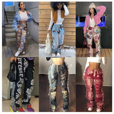 China 2021 fashion women patchwork fringed tassel QUICK DRY pants fall print tassel pants sweat casual trousers for sale