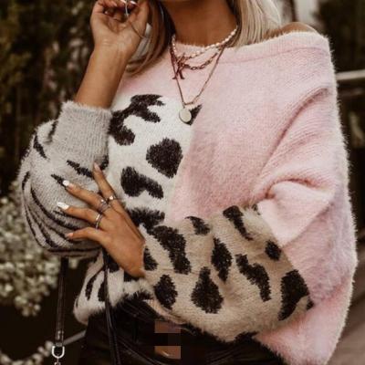 China Women's Breathable Pullover Off The Shoulder Leopard Sweaters High Quality Knitted Oversized Sweater for sale