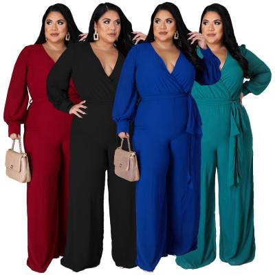 China 2022 Spring Women Sustainable Clothing Plus Lady Bandage Waist V-Neck Long Sleeve Elegant Jumpsuit One Piece Wide Leg Jumpsuit for sale