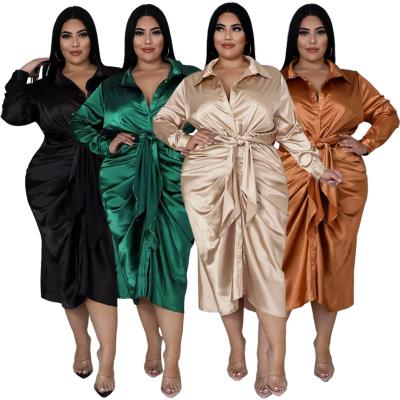 China 2022 Viable Plus Size New Arrival 5XL Pleated Lady Elegant Plicated Bandage Shirt Dress Women Casual Dresses Solid Color Long Sleeve for sale