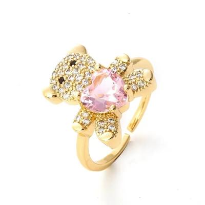 China Fashionable New Design Cute 18K Gold Zircon Ring Animal Cute Bear Crystal Brass Ring Woman Jewelry Heart Shape for sale