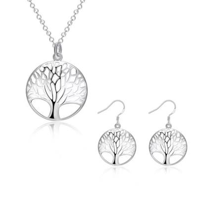 China Wholesale Custom Classic Embossed Vintage Plant Tree Of Life Round Circle Pendant Brass Necklace And Earring Jewelry Set for sale