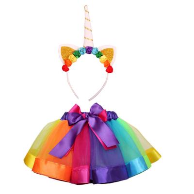 China Girls Dresses Costume Skirt and Unicorn Headband Birthday Party Kit Tulle Kids Rainbow Tutu Costumes for sale