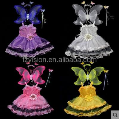 China wholesale Anti-wrinkle kids fairy butterfly dance costumes butterfly angle wings magic wand headband and dance dress for kids for sale