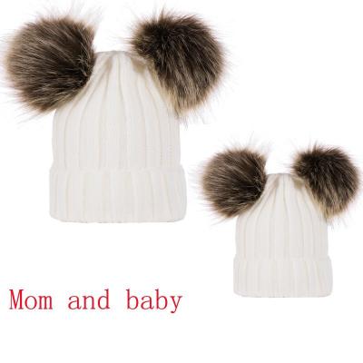 China JOINT Cute Winter Mom Women Baby Kids Crochet Knitted Hat Fiber Fur Flip Ball Pompom Beanies Hat for sale