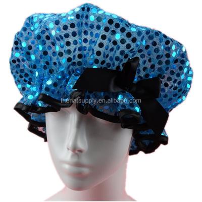 China Sustainable Single Layer Double Layer Sequin And Satin Customized Shower Cap for sale