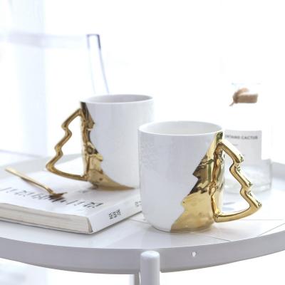 China Nordic Light Luxury Fashion Christmas Tree Mug Simple Creative Gold Plated Snowflake Viable White Ceramic Texture Mug for sale