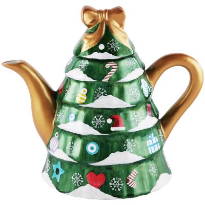 China Viable Wholesale Creative European Ceramic Ornaments Christmas Tree Tea Set Hand Painted Teapot for sale