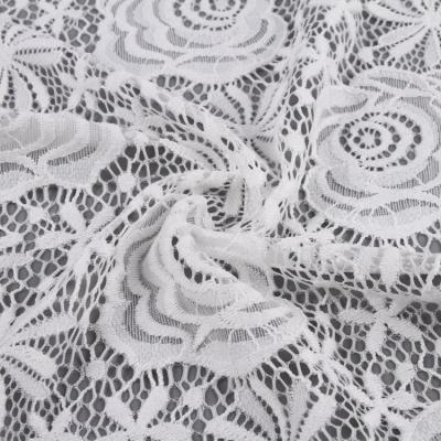 China Tear-Resistant Knit Rose Flower Pattern White Nylon Spandex Elastic Lace Fabric for sale