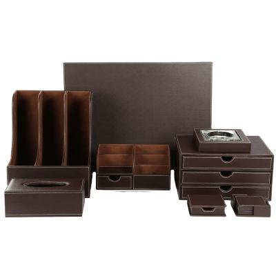 China Office Handmade Leather Desk Sets Office Leather Organizer Set Desk Tray Tissue Box Leather Folder for sale