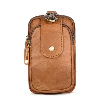 China Hang Buckle Low Moq Brown Whip Leather Phone Bag Fanny Pack Waist Bag Men Luxury Custom Logo for sale