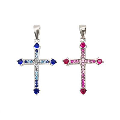 China Fashionable Pure Silver Cross Pendant Gradual Color Zirconia Paved 925 Sterling Silver Pendant Jewelry for sale