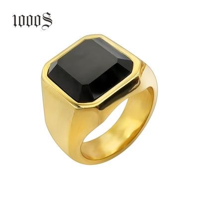 China TRENDY Gold Plated Black Top Ring For Men , Fashion Jewelry Mens 316 Stainless Steel Black Stone Ring for sale