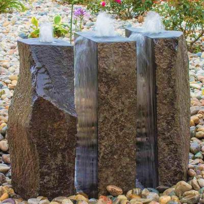 China Contemporary Natural Outdoor Basalt Boulder Stone Water Feature Cut Customized Triple Split Fountain Kit For Garden Patio Lawn Decking for sale