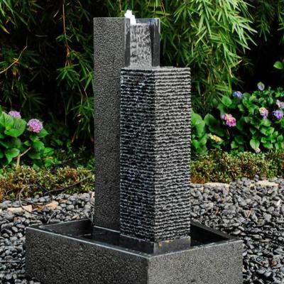 China Grainte Contemporary Modern Natural Stone Cuboid Black Outdoor 2 Pillar Garden Hand Carving Ornamental Water Fountain For Yard Garden Decor for sale