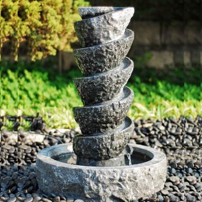 China Outdoor Column Spiral Decorative Black Granite Contemporary Hand Carved Stone Water Fountain for Garden Porch Patio Yard Decor for sale