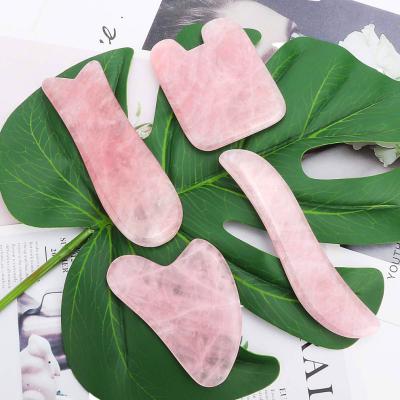 China Wholesale Pink Rose Quartz Scraping Massage Tool Soft Surface Stone Gua Sha Set for sale